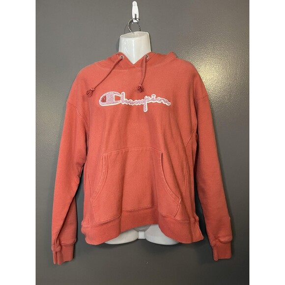Champion Hoodie Womens Large Coral Reverse Weave Pullover Chenille Logo GF857 - Picture 1 of 9